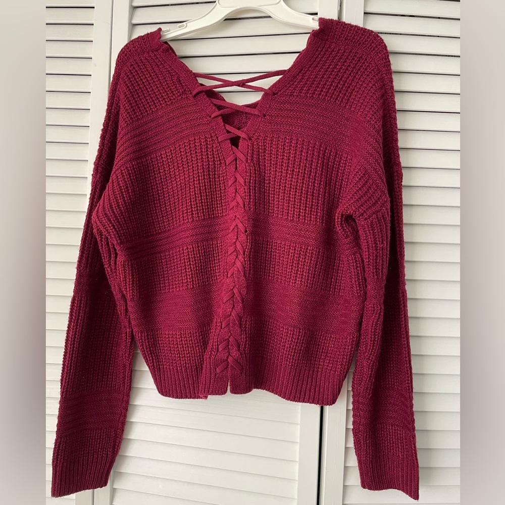 New Full Circle Trends Large Maroon V-Neck Lace Up Cropped Cable Knit Sweater